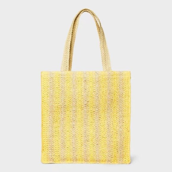 Universal Thread Crochet Woven Handbag Yellow Beige Tote Single Compartment - Picture 1 of 11